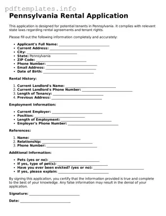 Blank Rental Application Form for Pennsylvania State