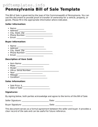 Blank Bill of Sale Form for Pennsylvania State