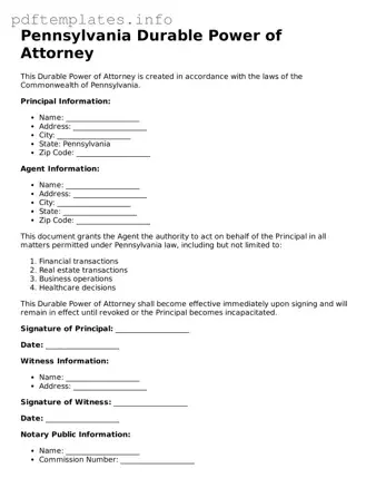 Blank Durable Power of Attorney Form for Pennsylvania State