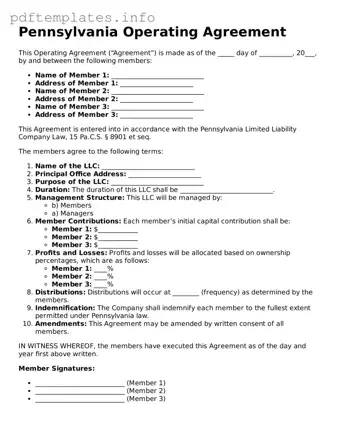 Blank Operating Agreement Form for Pennsylvania State