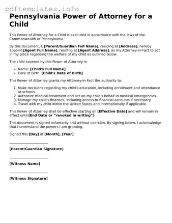Blank Power of Attorney for a Child Form for Pennsylvania State
