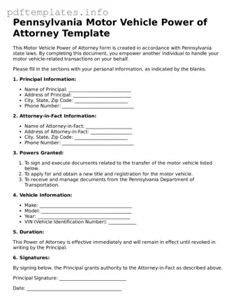 Blank Motor Vehicle Power of Attorney Form for Pennsylvania State