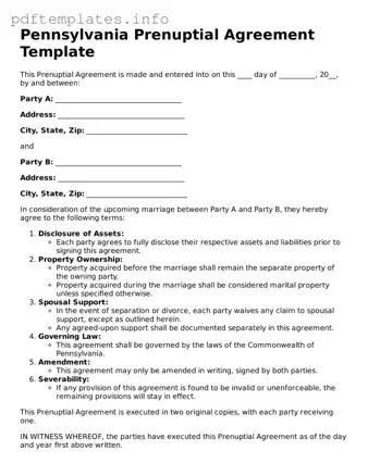 Blank Prenuptial Agreement Form for Pennsylvania State