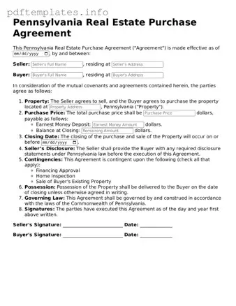 Blank Real Estate Purchase Agreement Form for Pennsylvania State