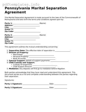 Blank Marital Separation Agreement Form for Pennsylvania State
