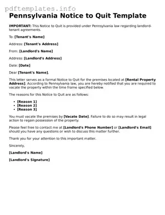 Blank Notice to Quit Form for Pennsylvania State