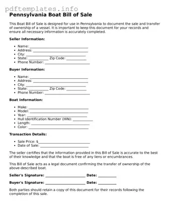 Blank Boat Bill of Sale Form for Pennsylvania State