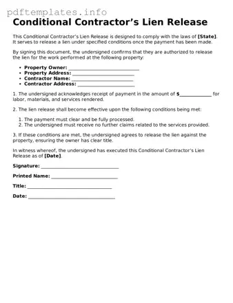 Printable Conditional Contractor’s Lien Release Form