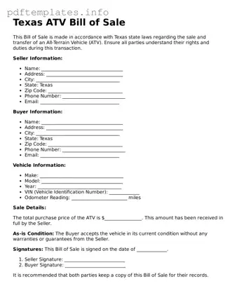 Blank ATV Bill of Sale Form for Texas State
