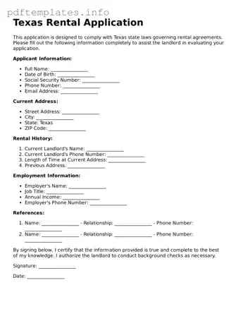 Blank Rental Application Form for Texas State