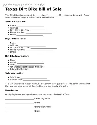 Blank Dirt Bike Bill of Sale Form for Texas State