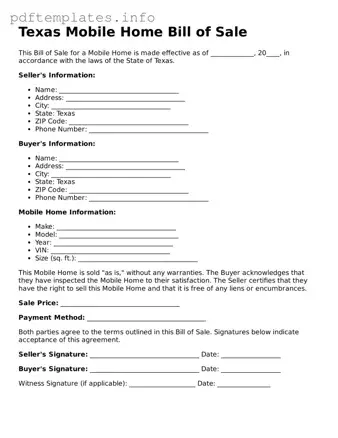 Blank Mobile Home Bill of Sale Form for Texas State