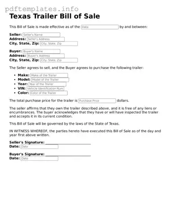 Blank Trailer Bill of Sale Form for Texas State