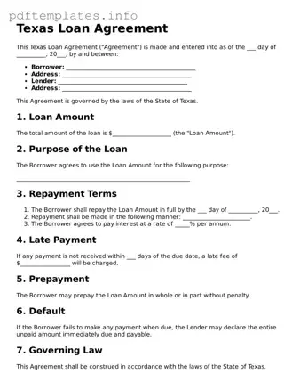 Blank Loan Agreement Form for Texas State