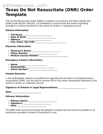 Blank Do Not Resuscitate Order Form for Texas State