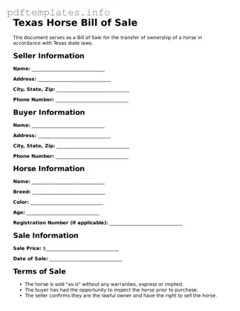 Blank Horse Bill of Sale Form for Texas State