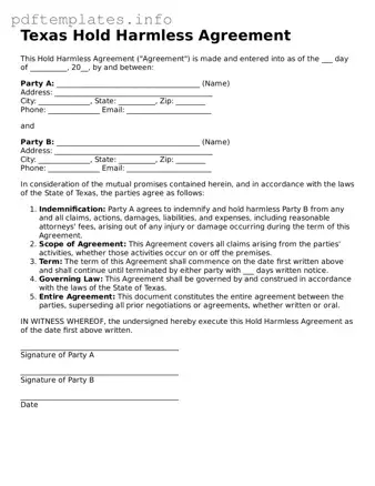 Blank Hold Harmless Agreement Form for Texas State