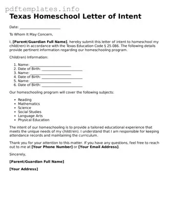Blank Homeschool Letter of Intent Form for Texas State
