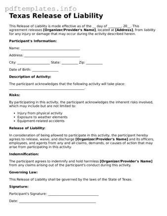 Blank Release of Liability Form for Texas State
