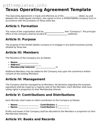 Blank Operating Agreement Form for Texas State