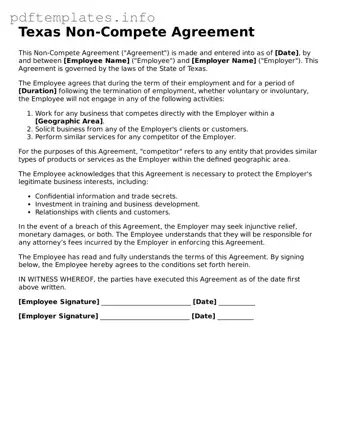 Blank Non-compete Agreement Form for Texas State