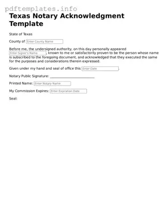 Blank Notary Acknowledgement Form for Texas State
