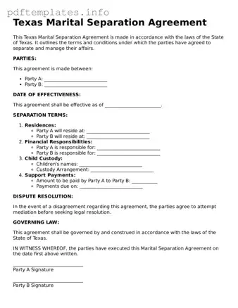 Blank Marital Separation Agreement Form for Texas State