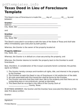Blank Deed in Lieu of Foreclosure Form for Texas State