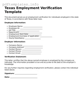 Blank Employment Verification Form for Texas State