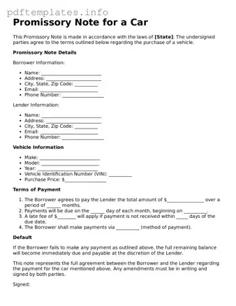 Printable Promissory Note for a Car Form