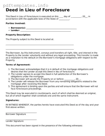 Printable Deed in Lieu of Foreclosure Form