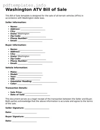 Blank ATV Bill of Sale Form for Washington State