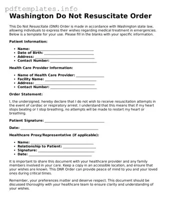 Blank Do Not Resuscitate Order Form for Washington State