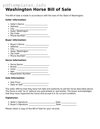 Blank Horse Bill of Sale Form for Washington State