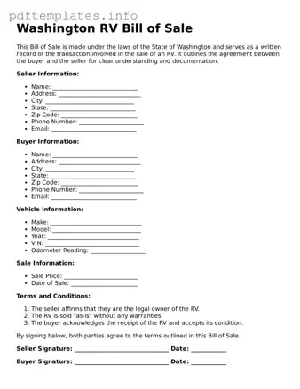 Blank RV Bill of Sale Form for Washington State