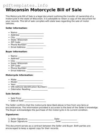 Blank Motorcycle Bill of Sale Form for Wisconsin State