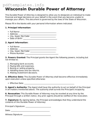 Blank Durable Power of Attorney Form for Wisconsin State