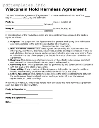 Blank Hold Harmless Agreement Form for Wisconsin State