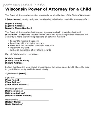 Blank Power of Attorney for a Child Form for Wisconsin State
