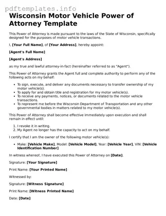 Blank Motor Vehicle Power of Attorney Form for Wisconsin State