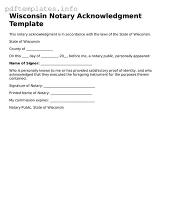 Blank Notary Acknowledgement Form for Wisconsin State