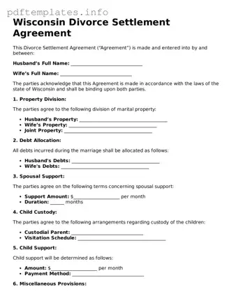 Blank Divorce Settlement Agreement Form for Wisconsin State