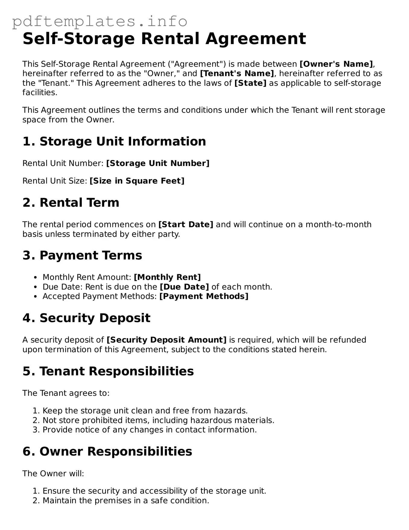 Printable Self-Storage Rental Agreement Form