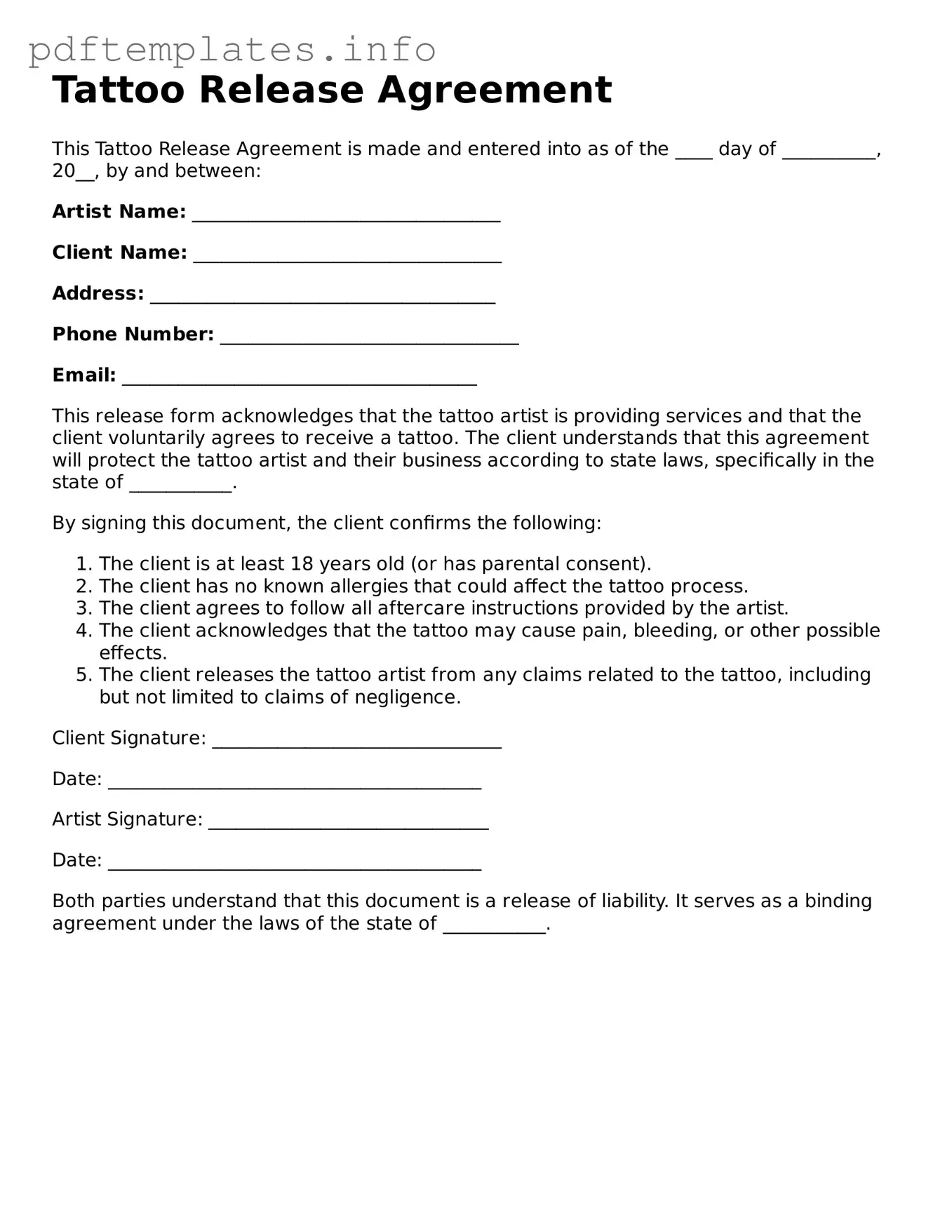 Printable Tattoo Release Form