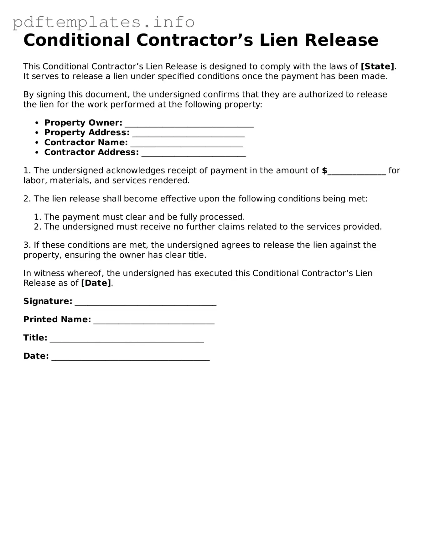 Printable Conditional Contractor’s Lien Release Form