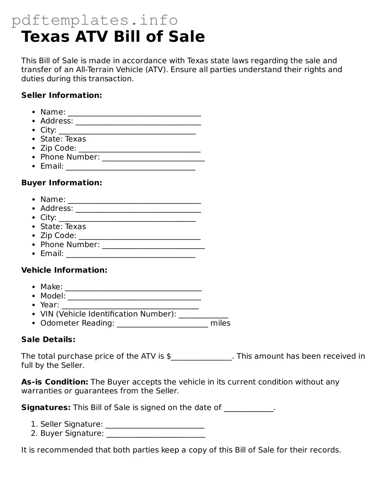 Blank ATV Bill of Sale Form for Texas State