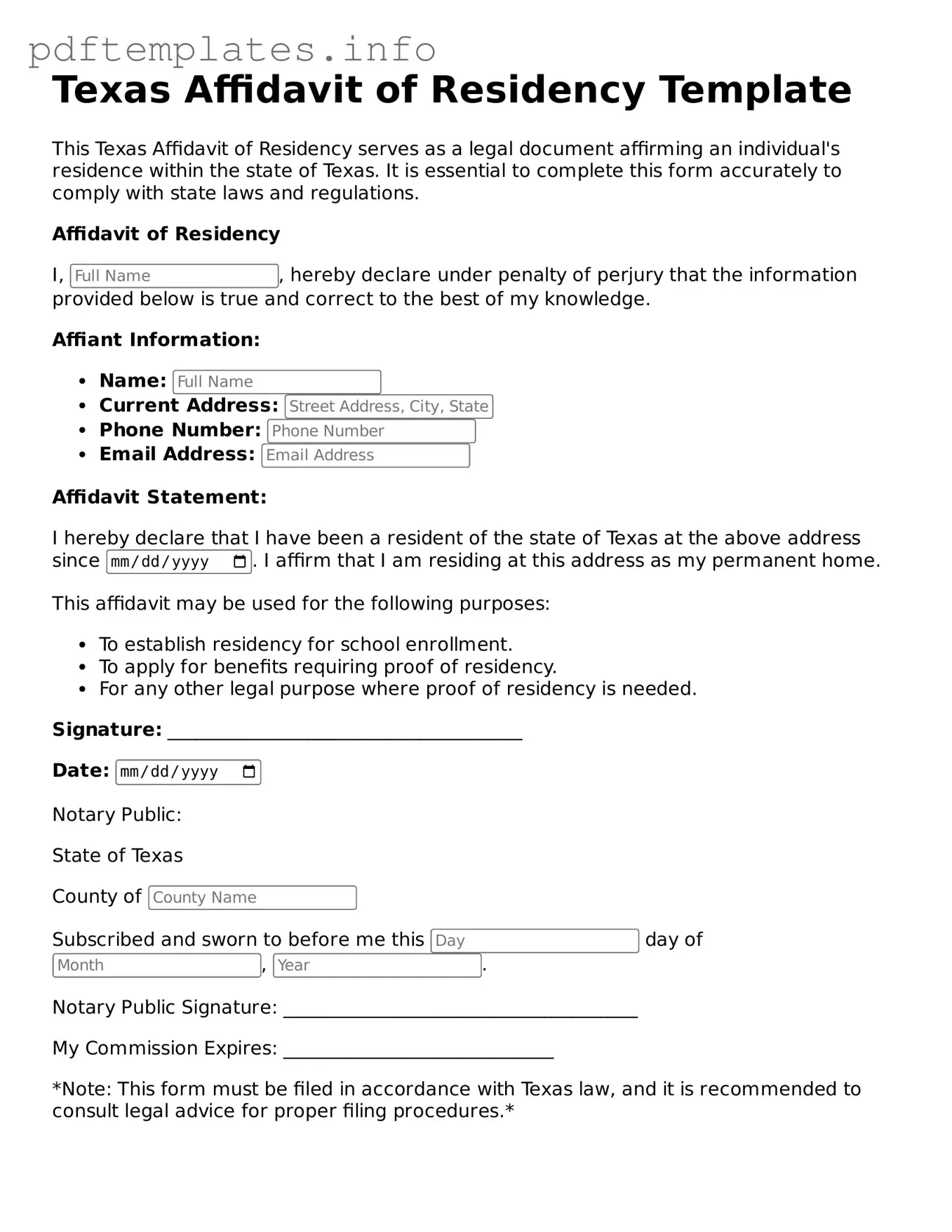 Blank Affidavit of Residency Form for Texas State