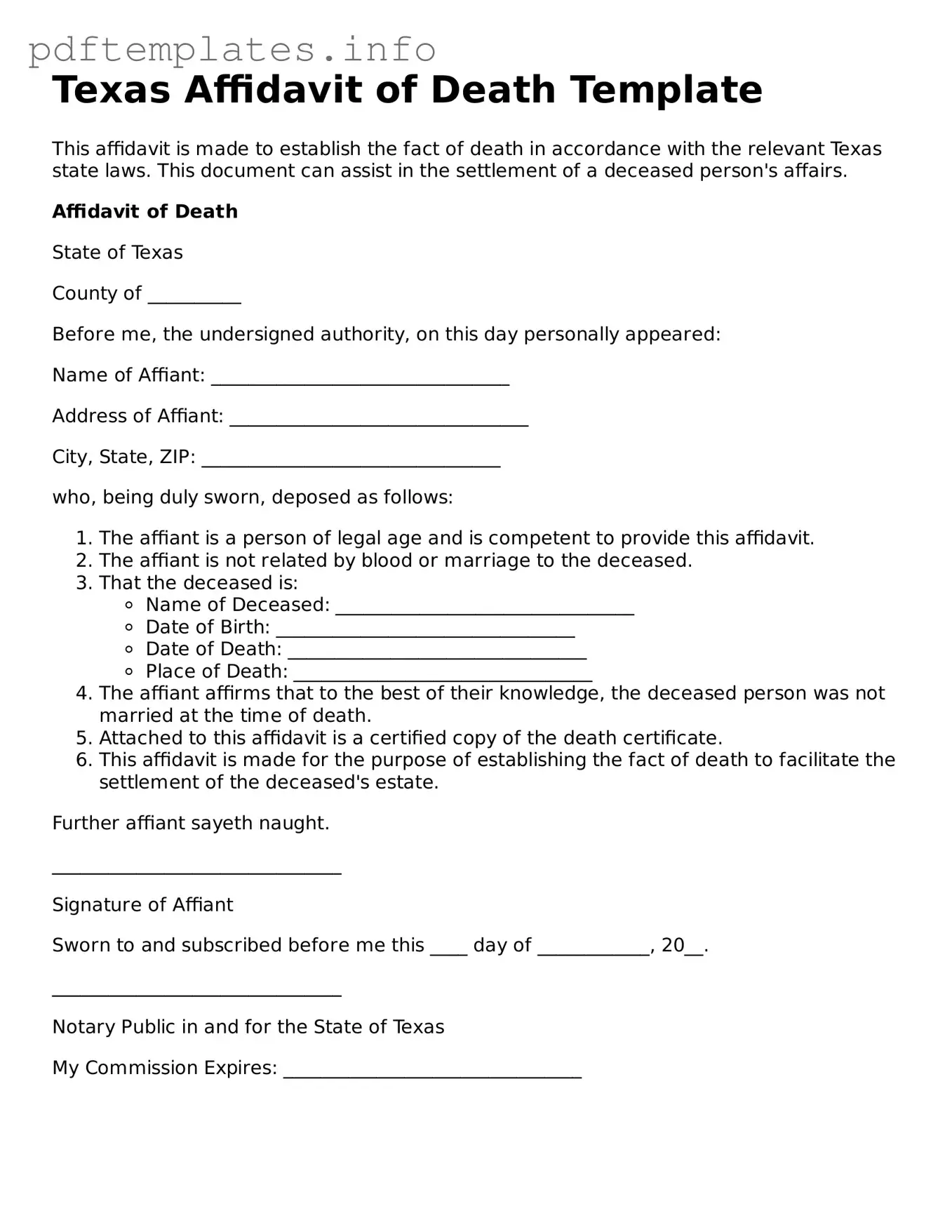 Blank Affidavit of Death Form for Texas State