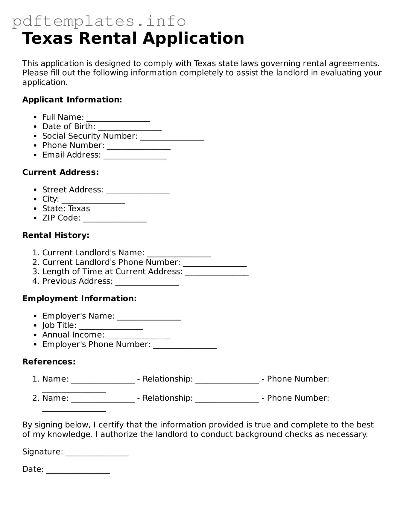 Blank Rental Application Form for Texas State
