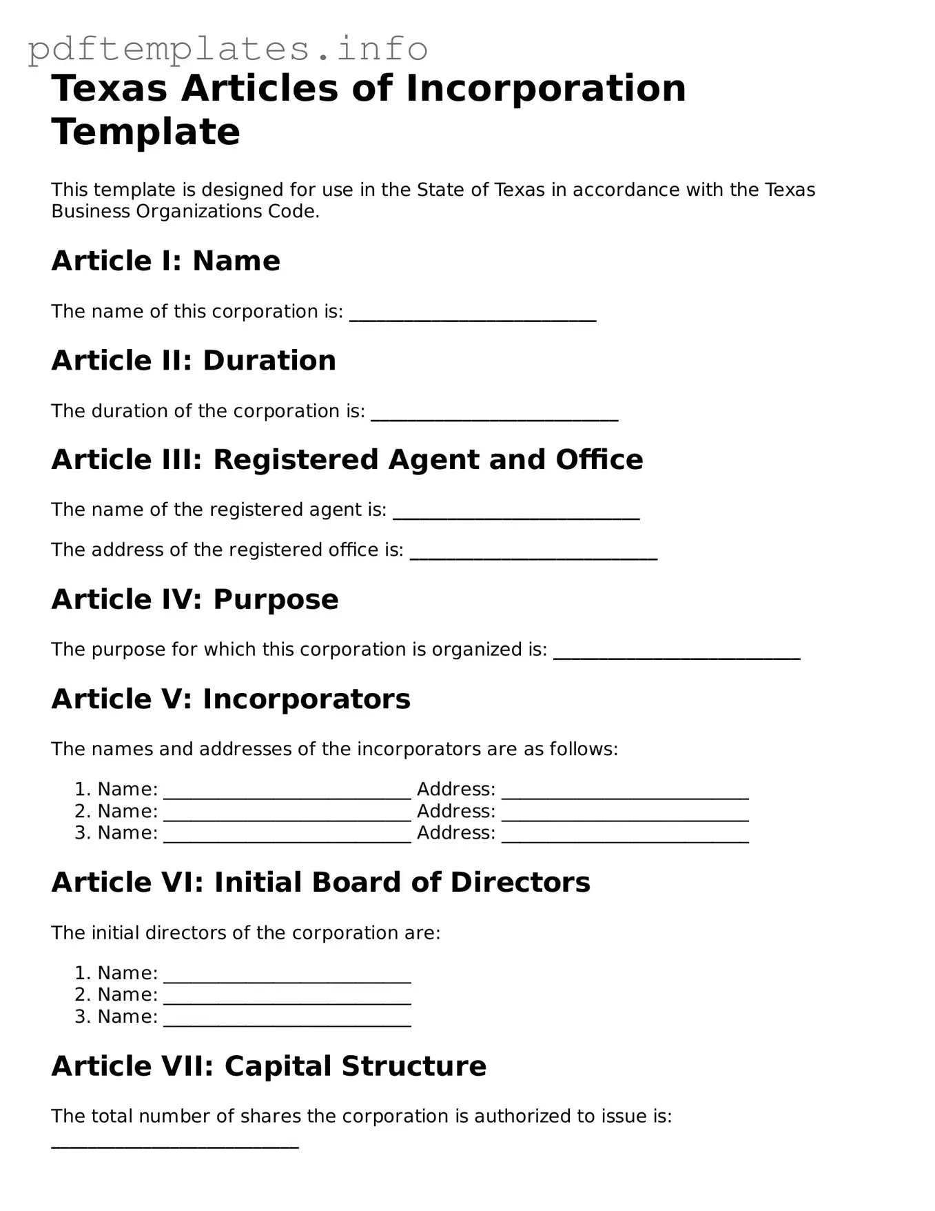 Blank Articles of Incorporation Form for Texas State